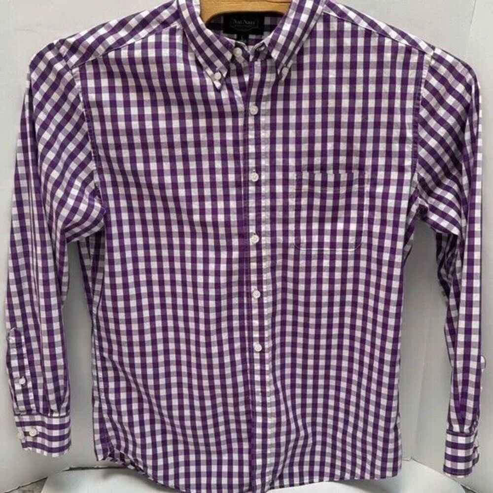 Nat Nast Purple & White Gingham Check Cotton Long‎ Sleeved Shirt size Large